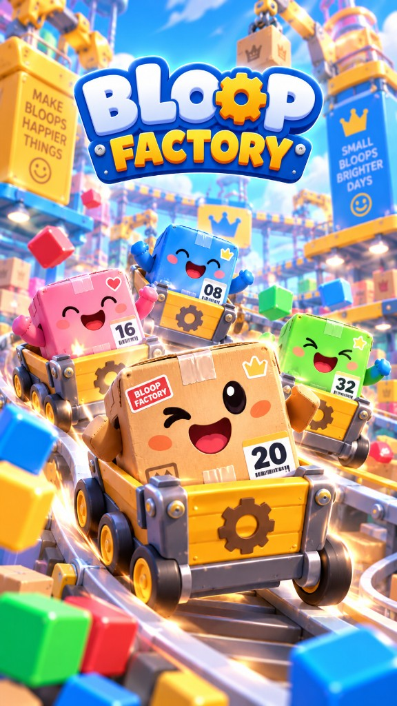Bloop Factory splash: smiling bloops riding minecarts through a sunny factory